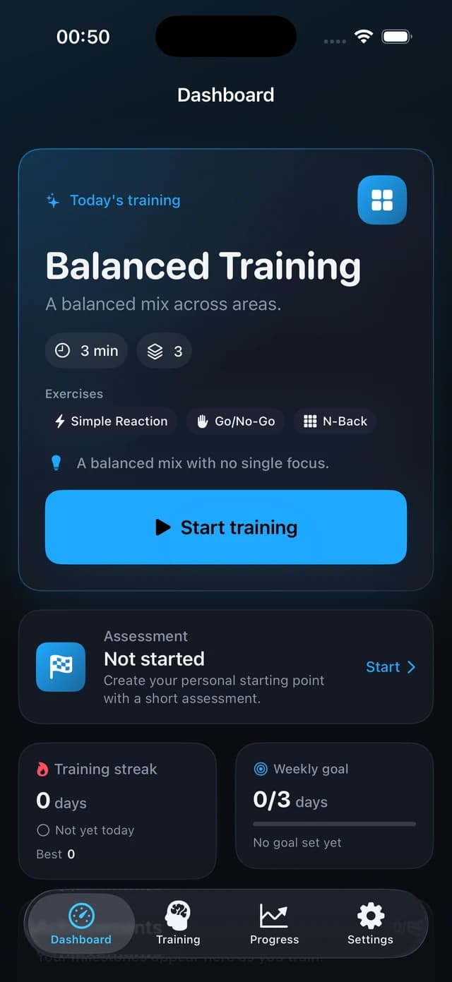 The SYNSIQ dashboard on iPhone with today's training, assessment status and streak.