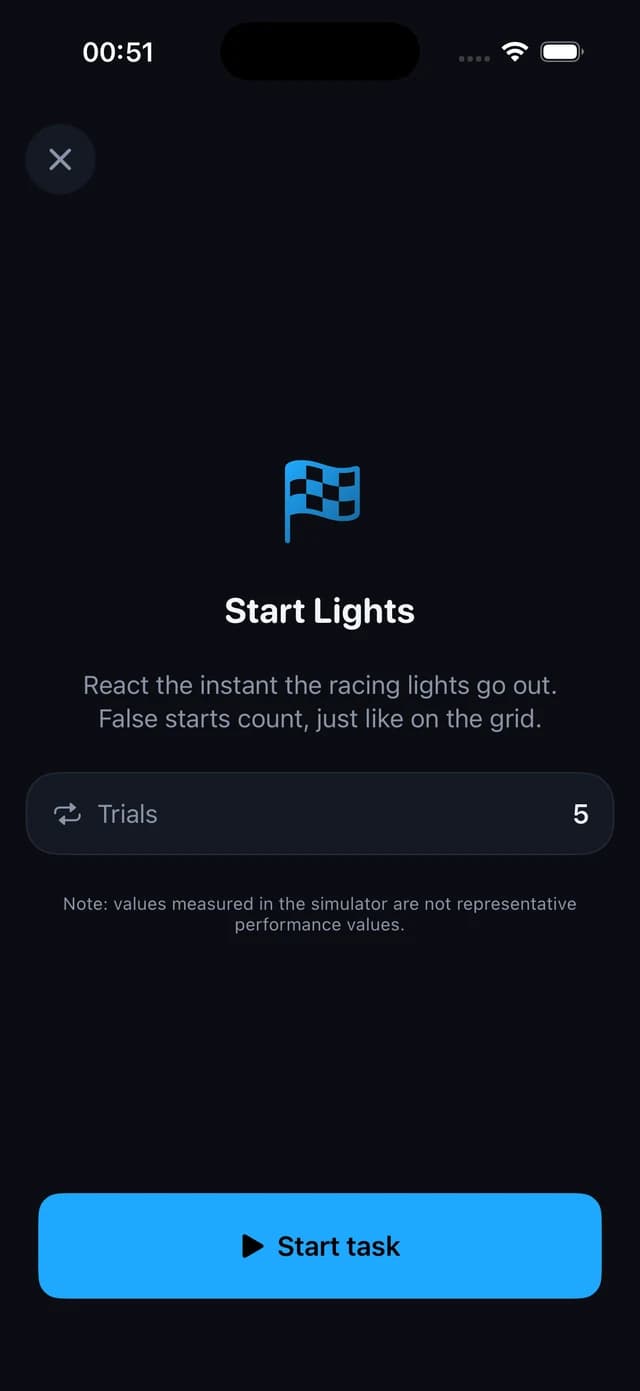The Start Lights exercise briefing screen on iPhone.