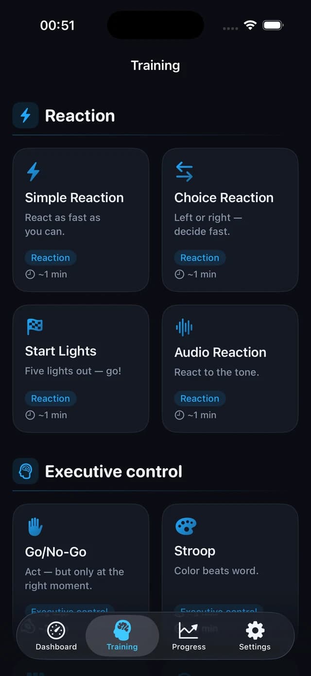 The SYNSIQ training library on iPhone, showing exercises grouped by reaction, executive control and attention.